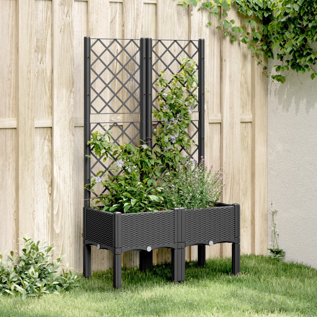 vidaXL Градински сандък с пергола черен 80x40x142 см PP