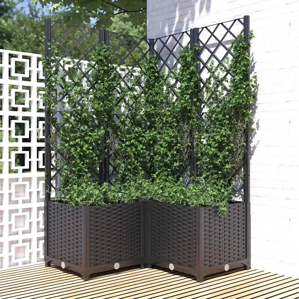 vidaXL Градински сандък с пергола черен 80x80x136 см PP