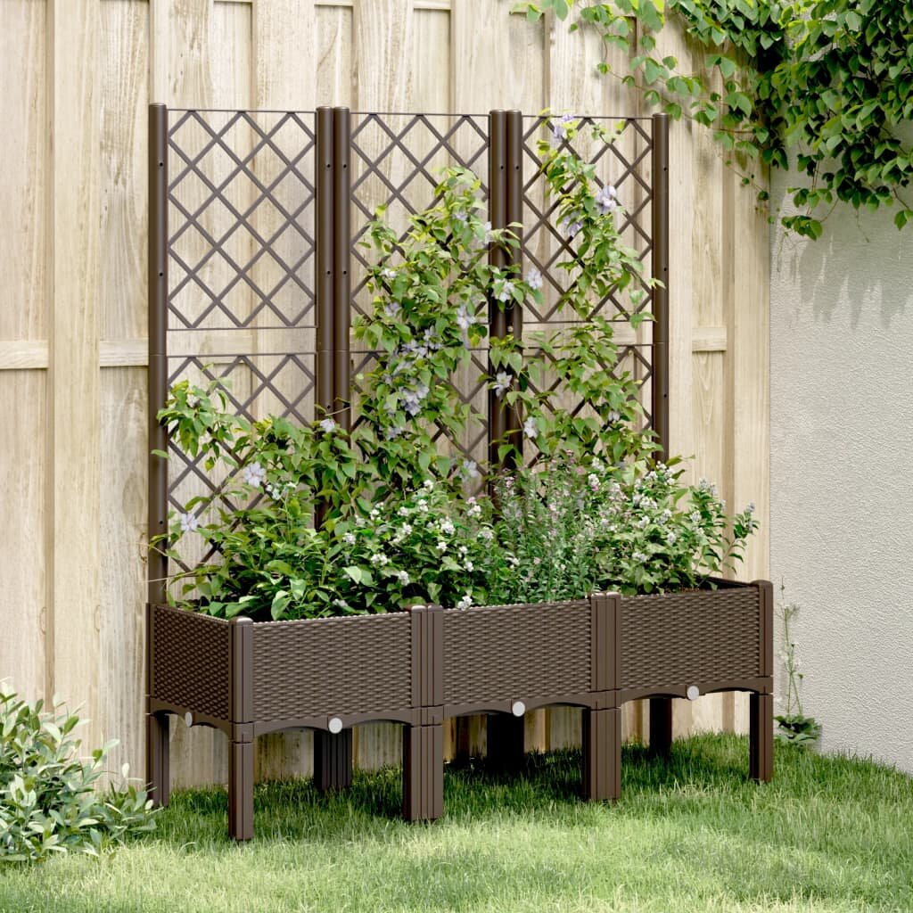 vidaXL Градински сандък с пергола кафяв 120x40x142 см PP
