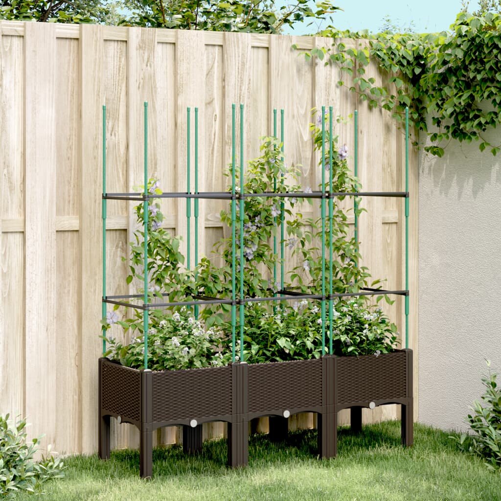 vidaXL Градински сандък с пергола кафяв 120x40x1425 см PP