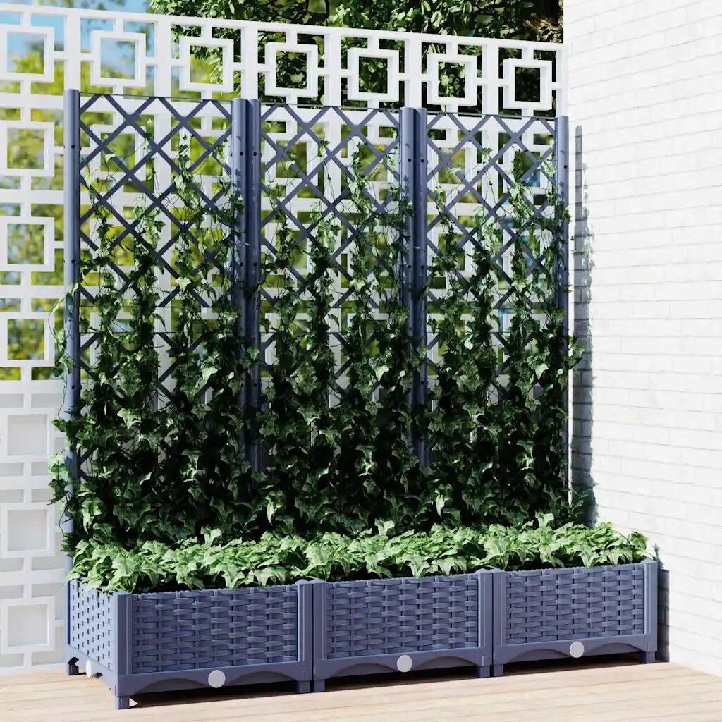 vidaXL Градински сандък с пергола синьо сив 120x40x1215 см PP