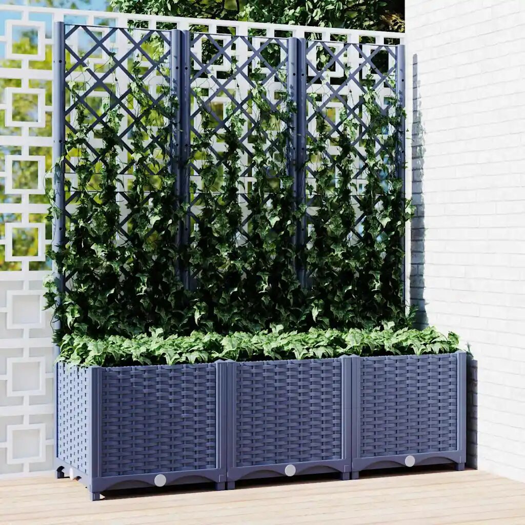 vidaXL Градински сандък с пергола синьо сив 120x40x136 см PP