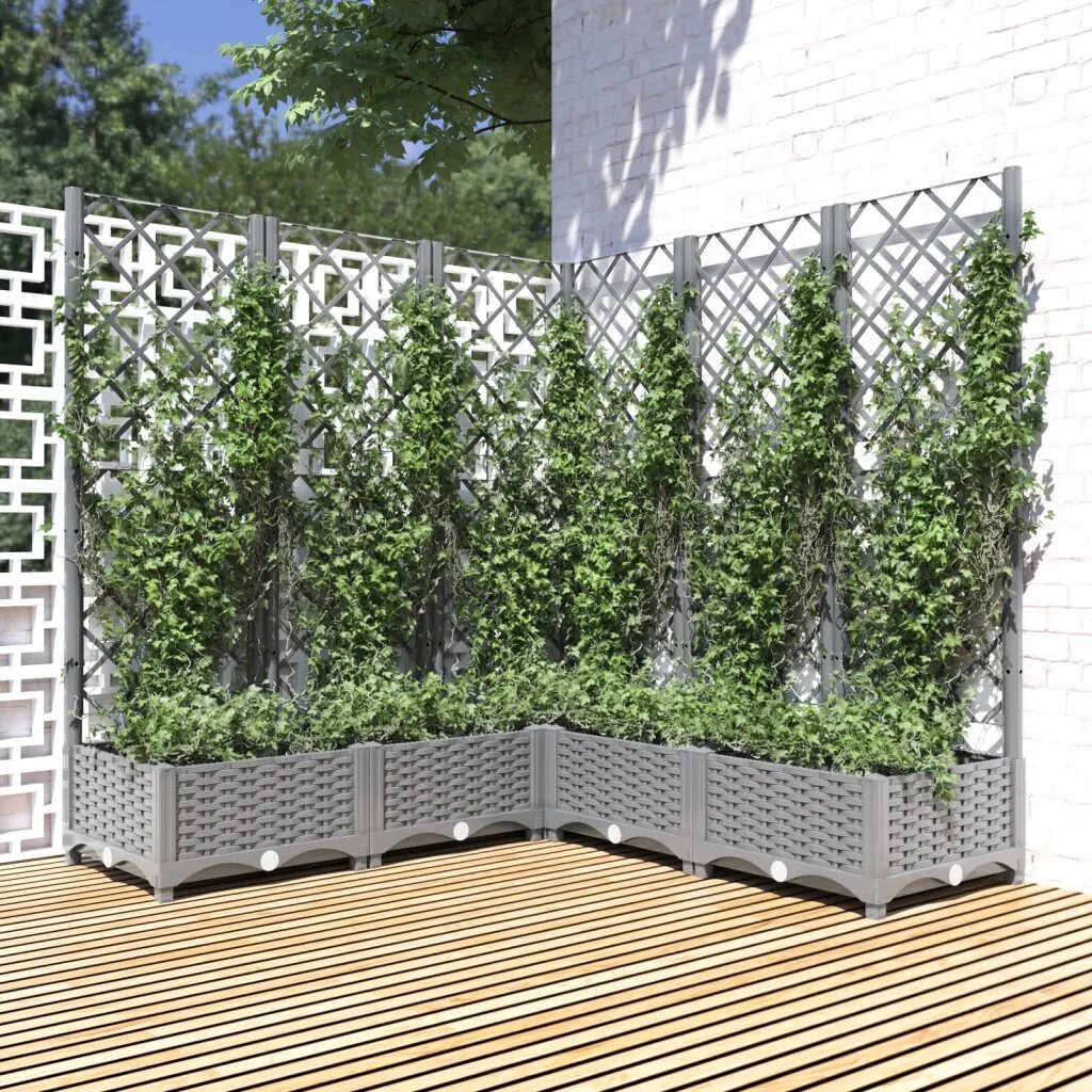 vidaXL Градински сандък с пергола светлосив 120x120x1215 см PP