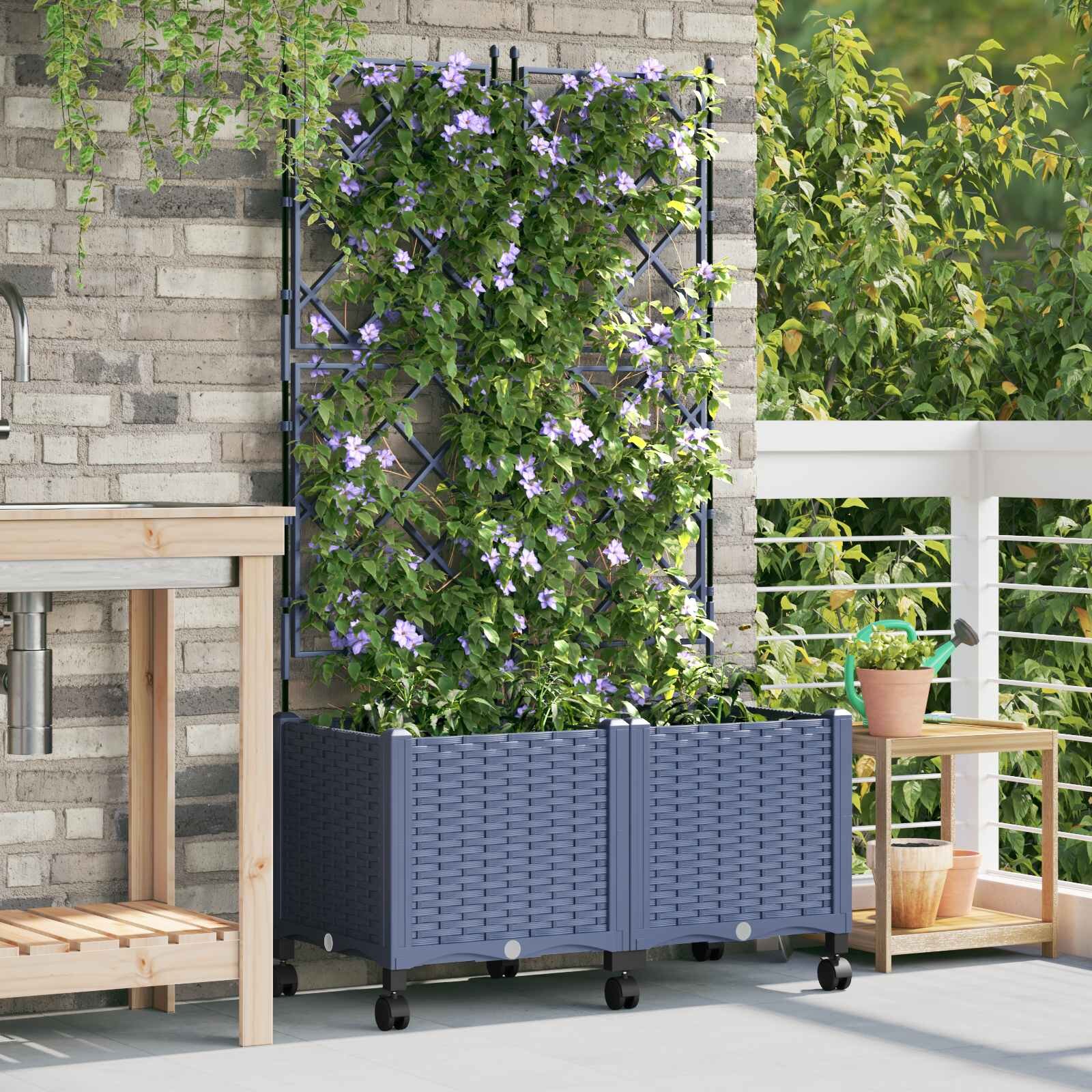 vidaXL Градински сандък с решетка и колела 2 бр. Сиво 80 x 40 x 149 см