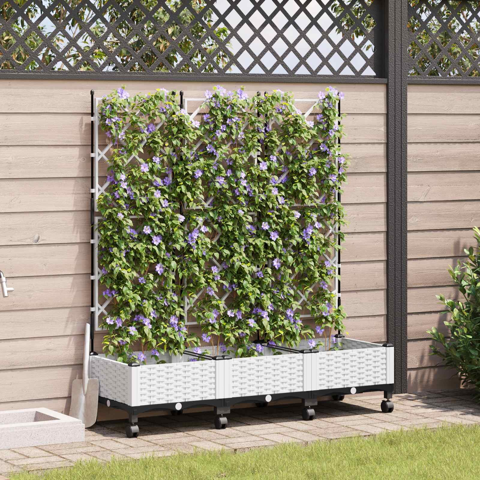 vidaXL Градински сандък с решетка и колела 3 бр. Бяло ПП