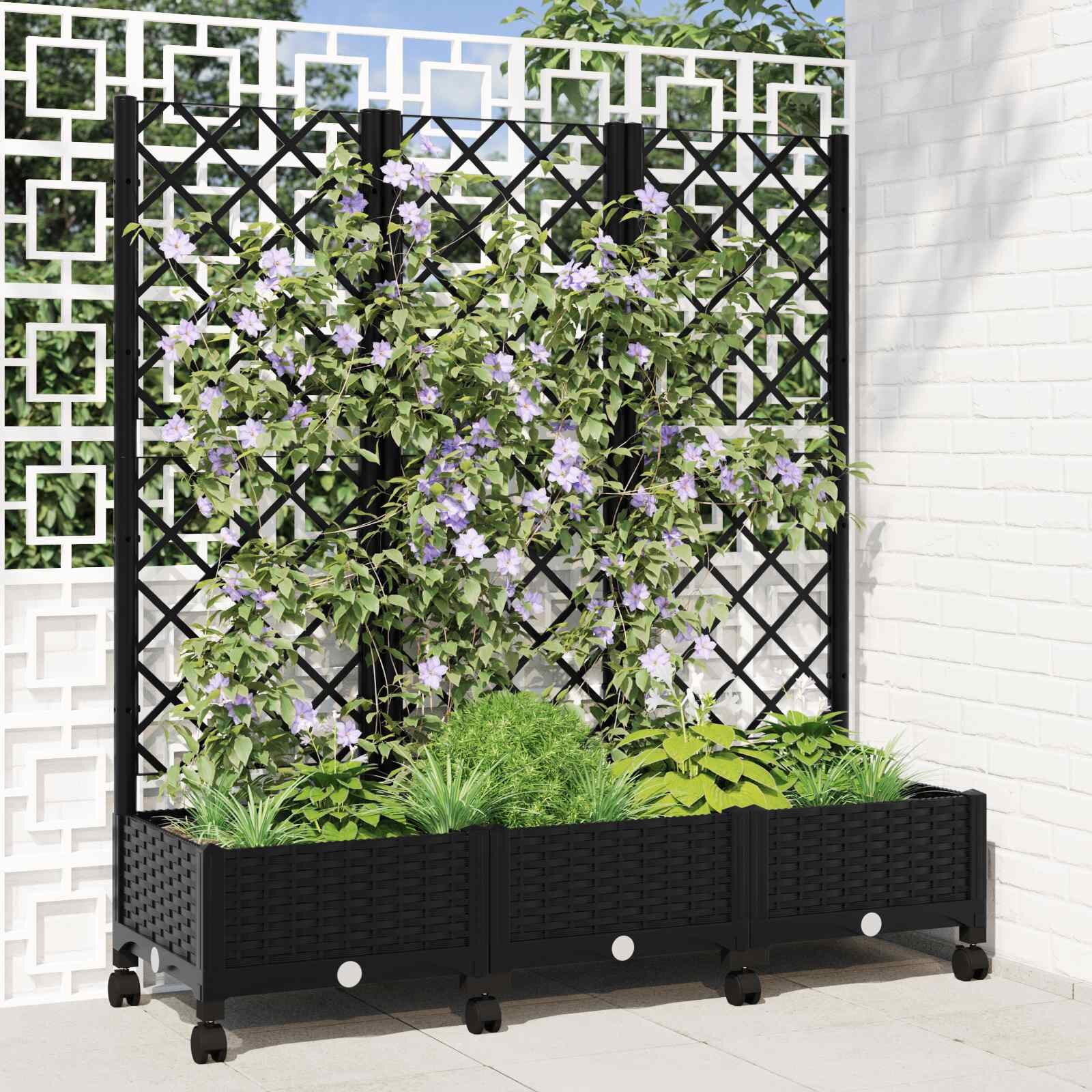 vidaXL Градински сандък с решетка и колела Черно 120 x 40 x 1315 см
