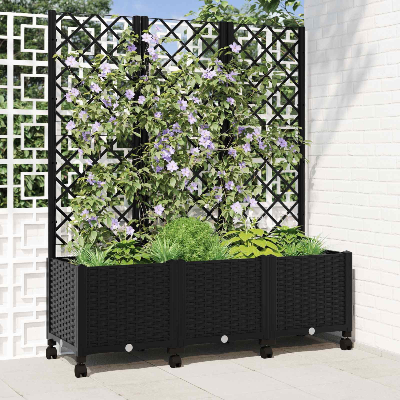 vidaXL Градински сандък с решетка и колела Черно 120 x 40 x 146 см ПП