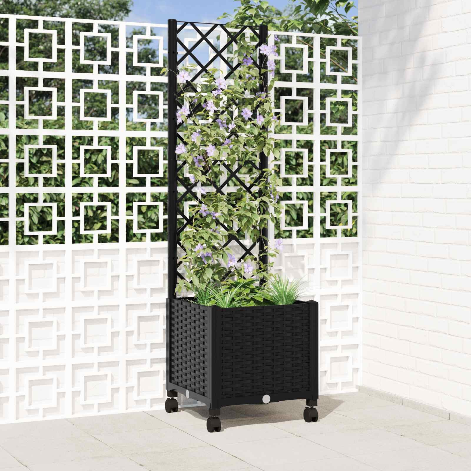 vidaXL Градински сандък с решетка и колела Черно 40 x 40 x 146 см ПП