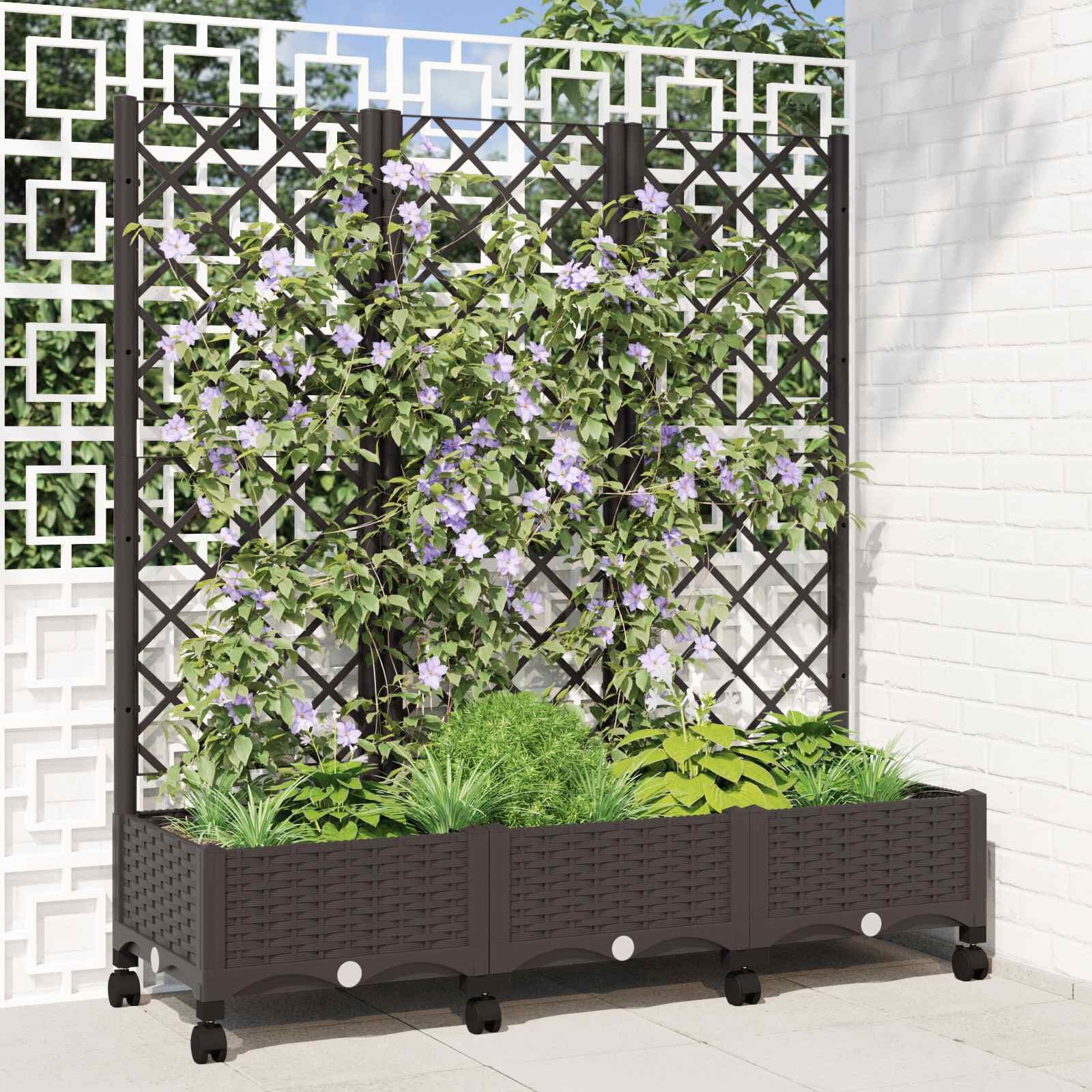 vidaXL Градински сандък с решетка и колела Кафяво 120 x 40 x 1315 см
