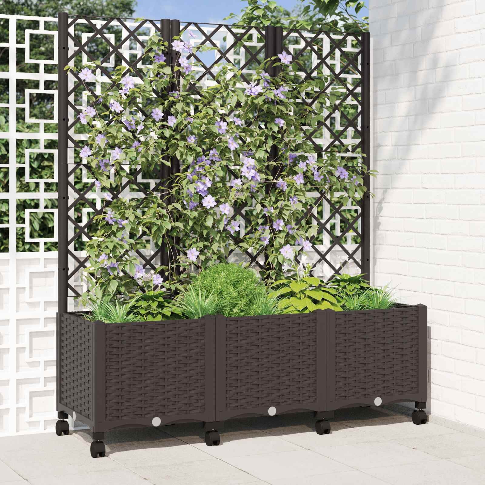 vidaXL Градински сандък с решетка и колела Кафяво 120 x 40 x 146 см ПП