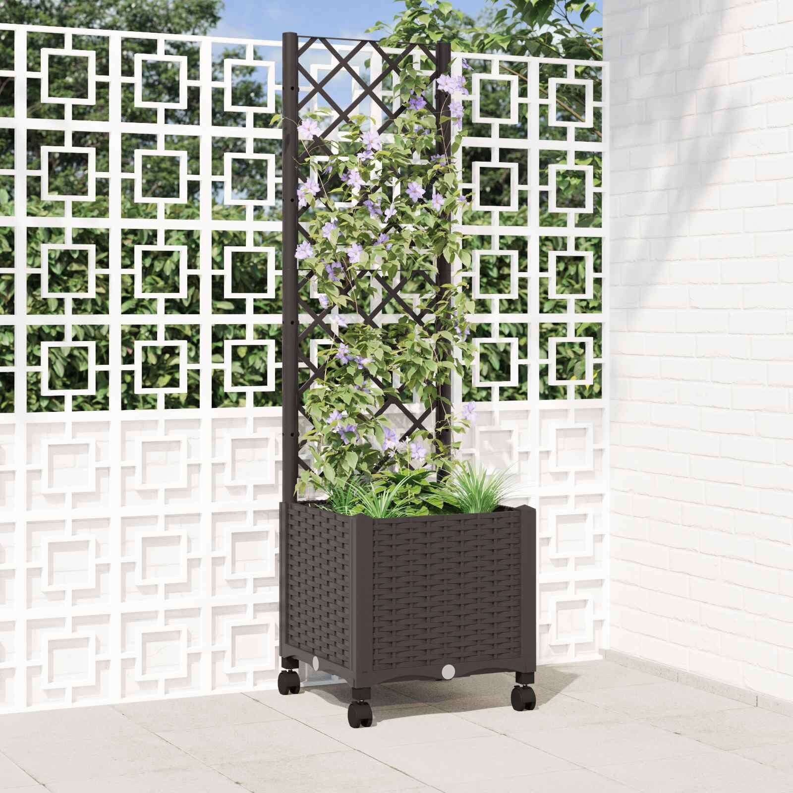 vidaXL Градински сандък с решетка и колела Кафяво 40 x 40 x 146 см ПП