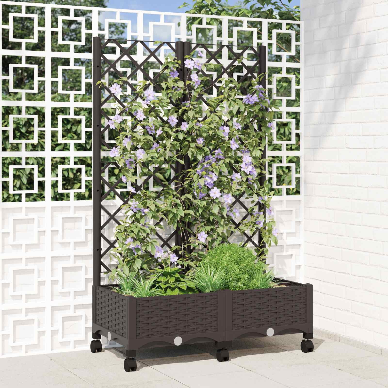 vidaXL Градински сандък с решетка и колела Кафяво 80 x 40 x 1315 см