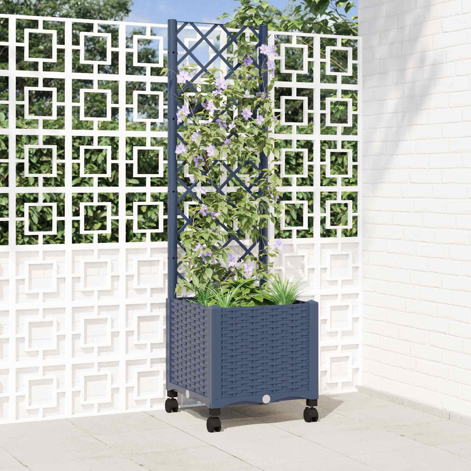 vidaXL Градински сандък с решетка и колела Синьо сиво 40 x 40 x 146 см