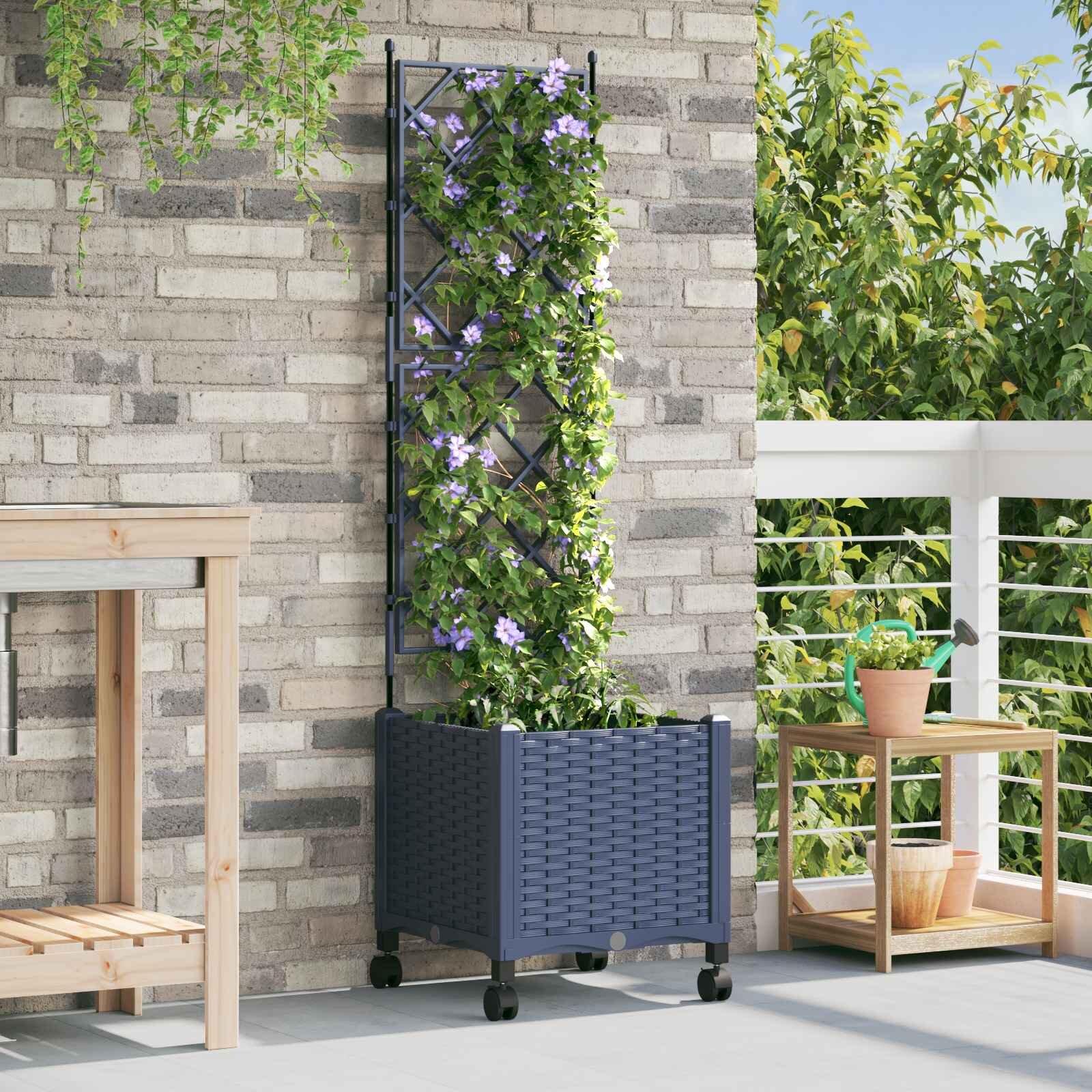 vidaXL Градински сандък с решетка и колела Сиво 40 x 40 x 149 см ПП