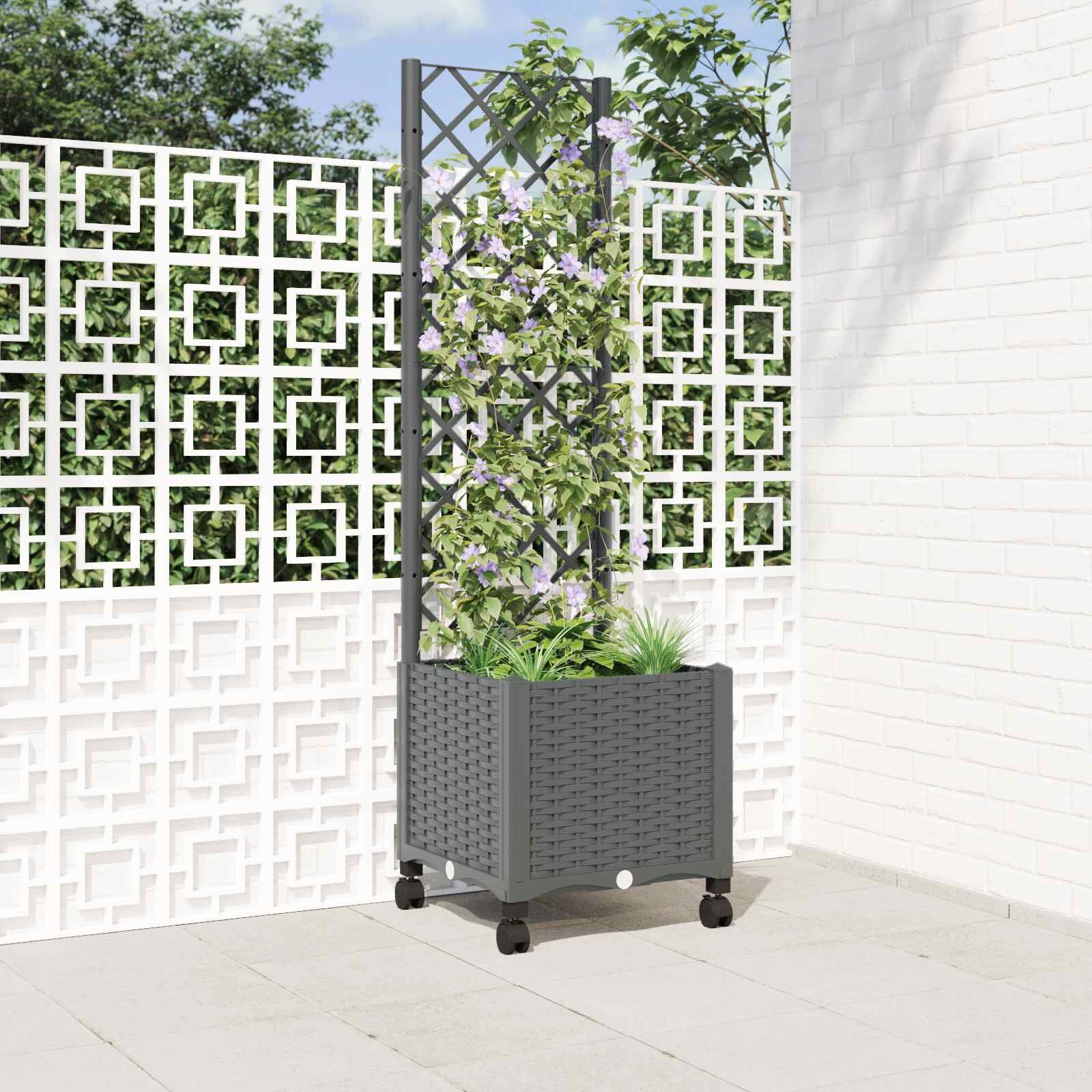 vidaXL Градински сандък с решетка и колела Светлосиво 40 x 40 x 146 см