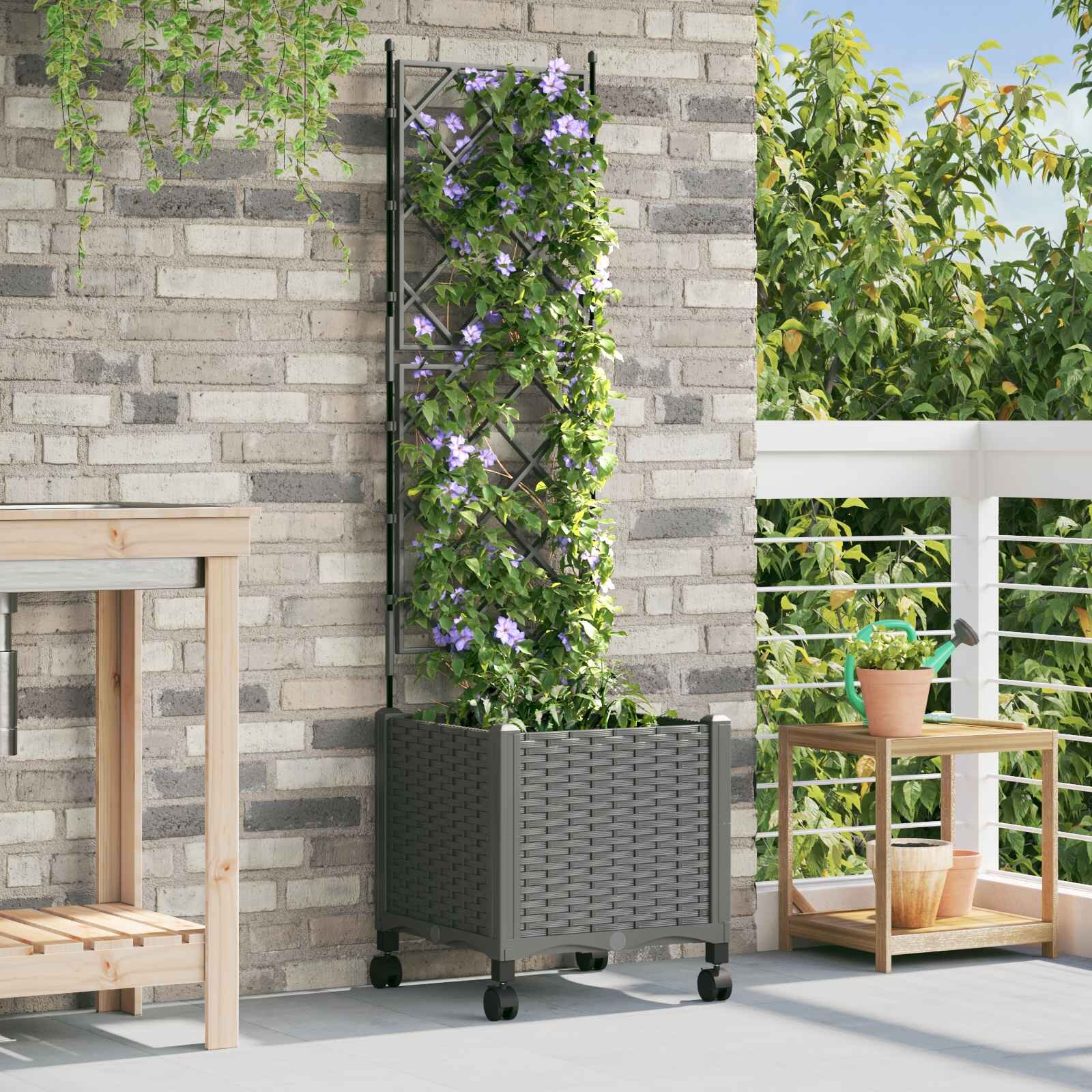 vidaXL Градински сандък с решетка и колела Светлосиво 40 x 40 x 149 см