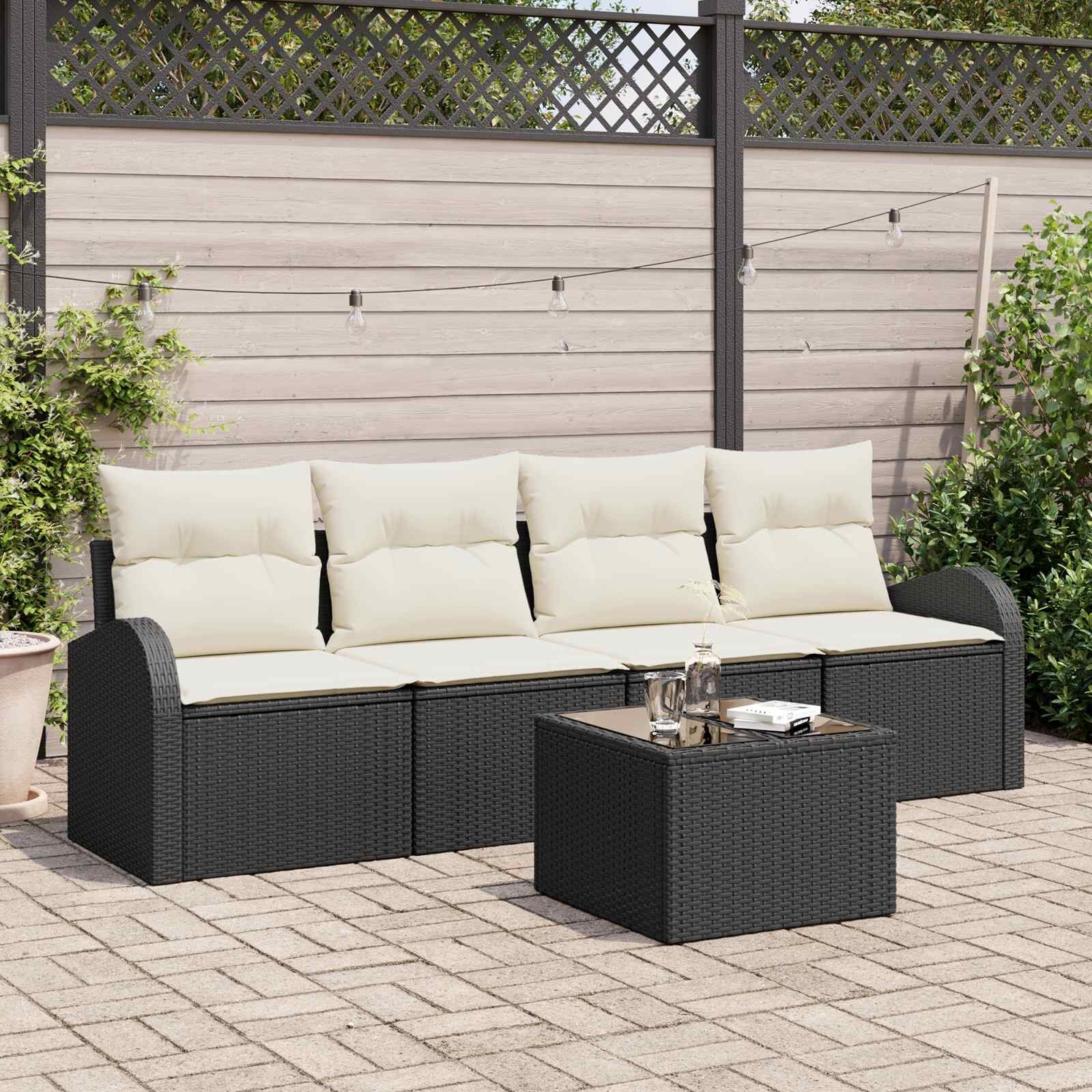vidaXL Градински Софа Комплект 5 pcs 4-Seater Черен и кремав полиратан