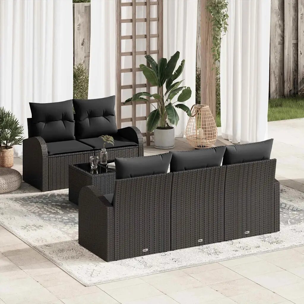 vidaXL Градински Софа Комплект 6 бр. Черно 55 x 55 x 37 см полиратан