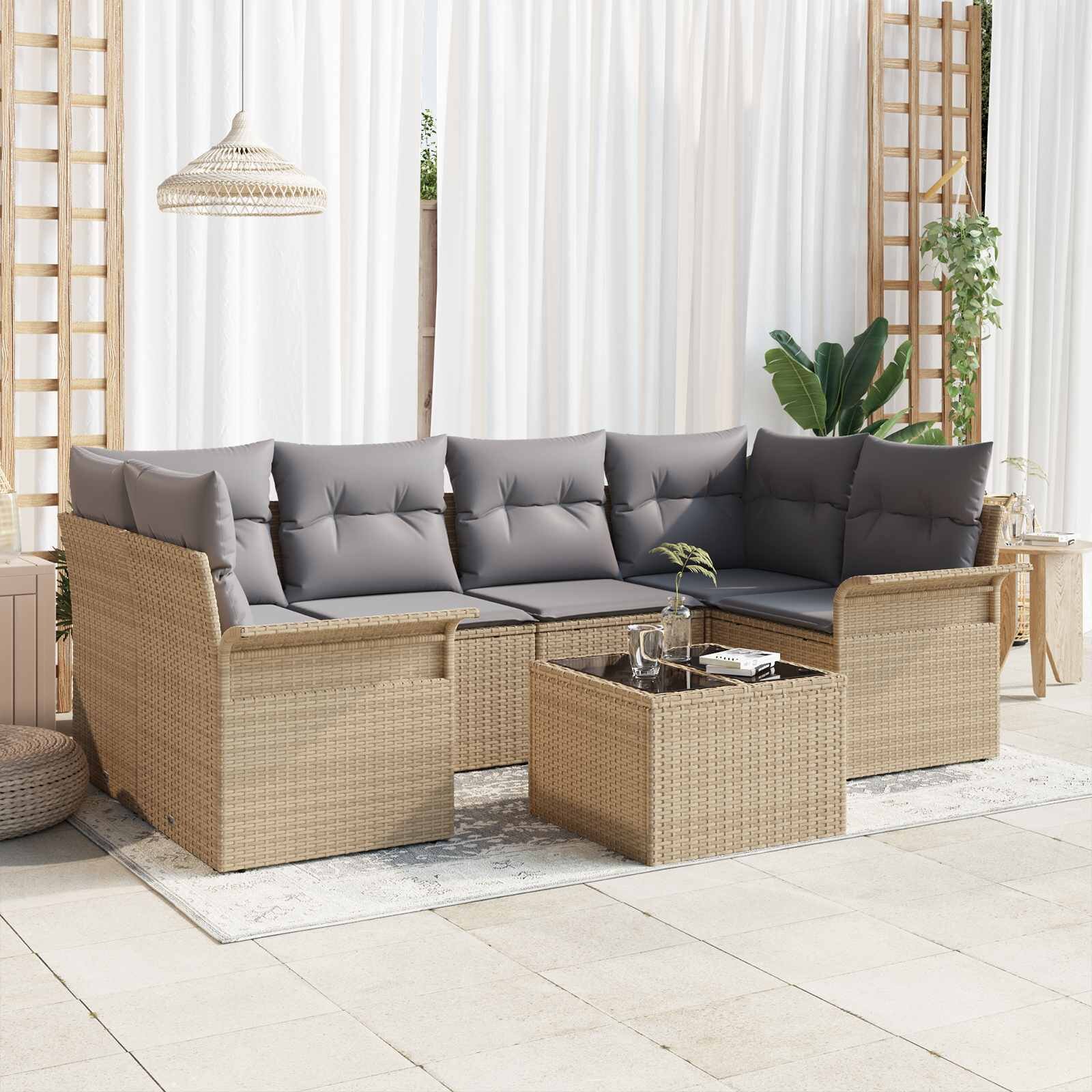 vidaXL Градински Софа Комплект 7 pcs 6-Seater Бежово и сиво полиратан
