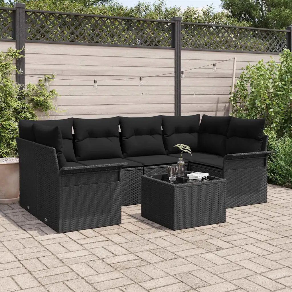 vidaXL Градински Софа Комплект 7 pcs 6-Seater Черно полиратан