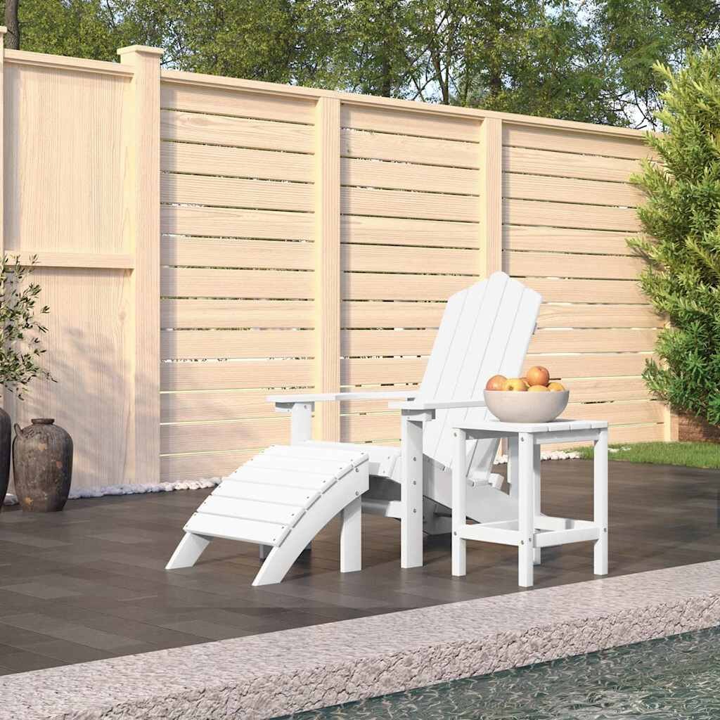 vidaXL Градински стол "Адирондак" с табуретка и масичка HDPE бял