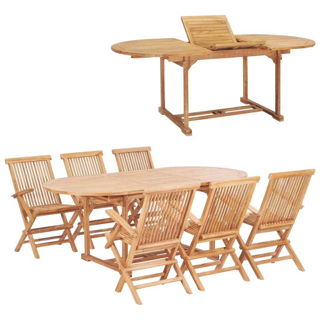 vidaXL Градински трапезен комплект 7 части 150-200x100x75 см тик масив