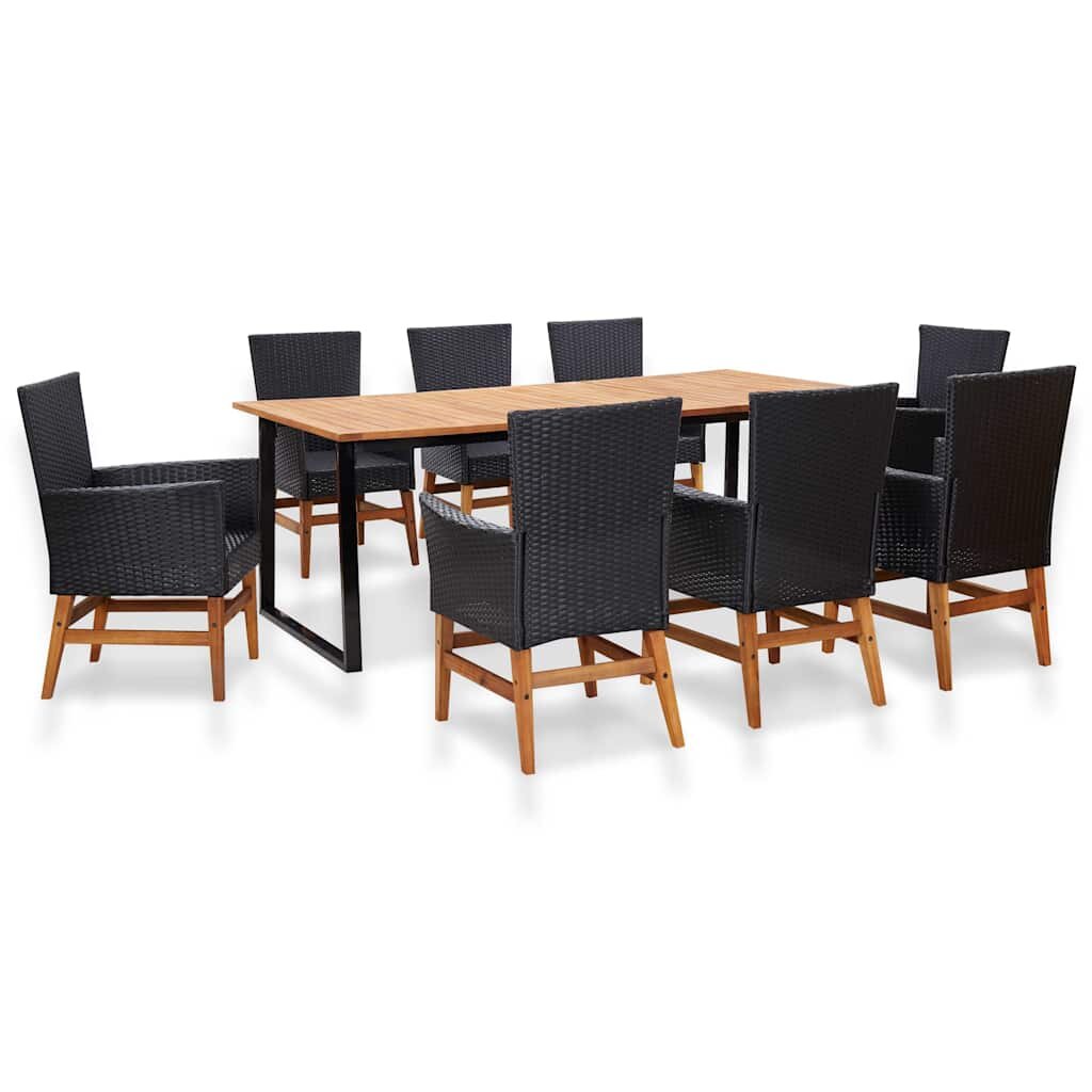 vidaXL Градински трапезен комплект 9 части полиратан и акация черен