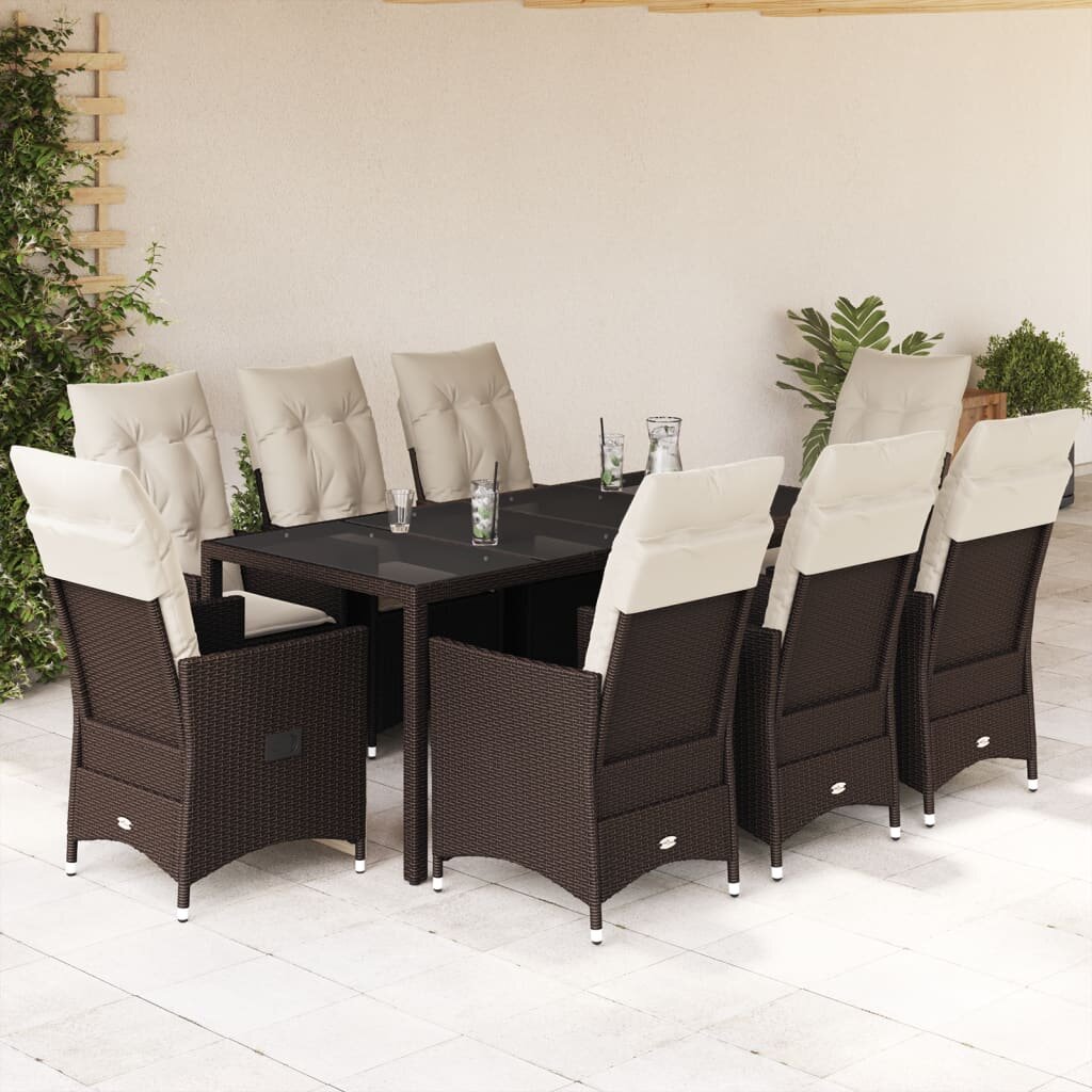 vidaXL Градински трапезен комплект възглавници 9 части кафяв полиратан