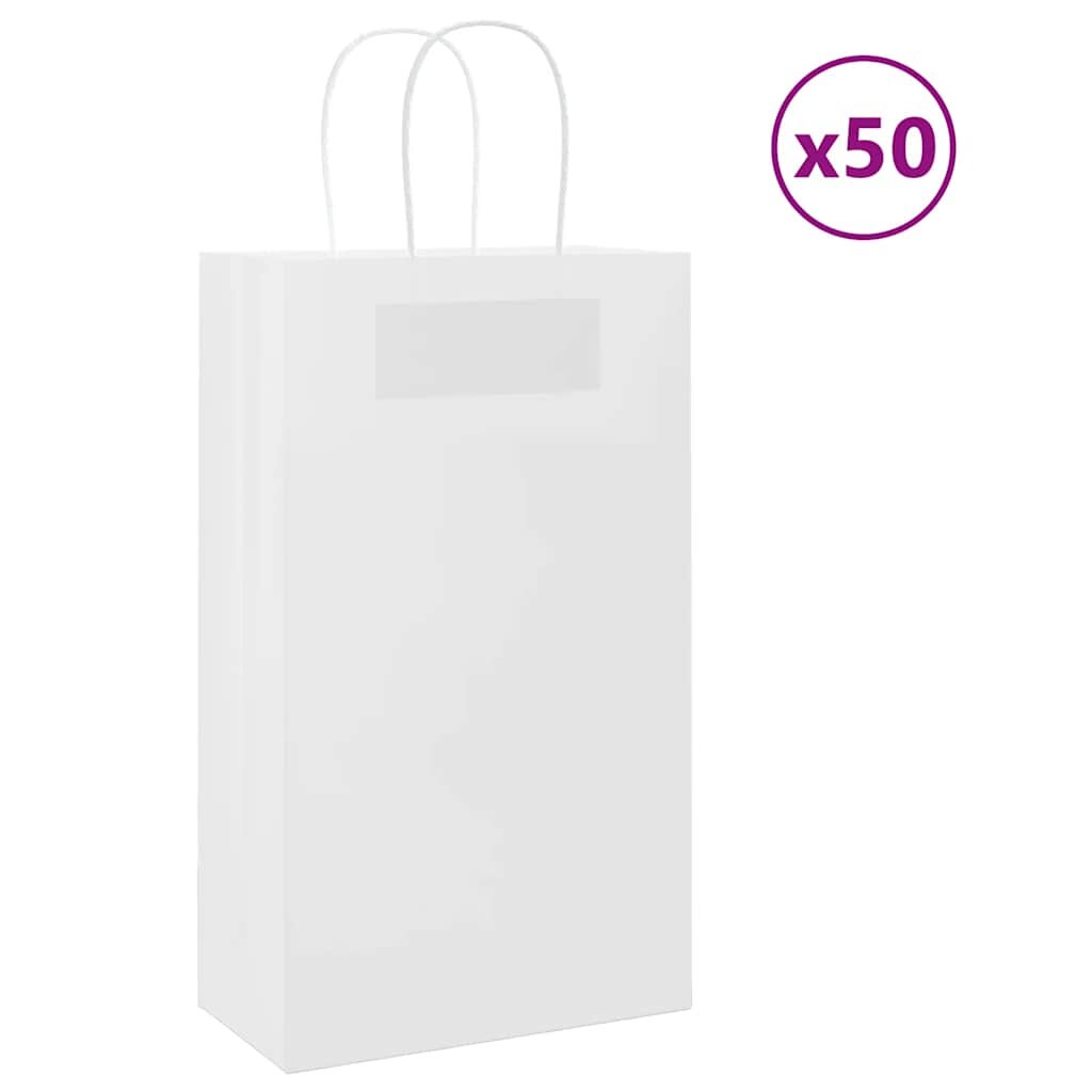 vidaXL Хартиени торбички 50 бр с дръжки бели 21x11x36 см