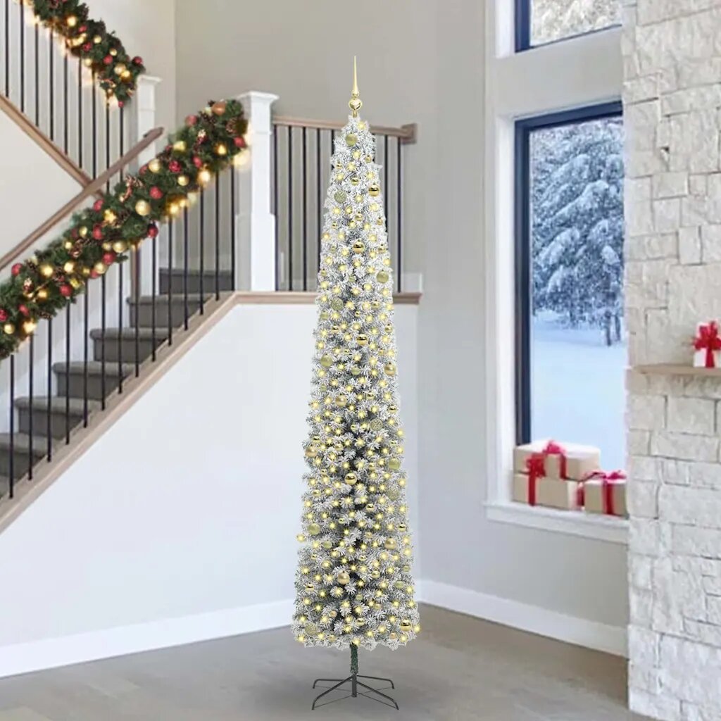 vidaXL Изкуствена коледна елха с LED светлини Зелен и бял 270 cm