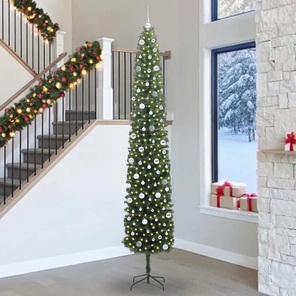 vidaXL Изкуствена коледна елха с LED светлини Зелено 300 cm
