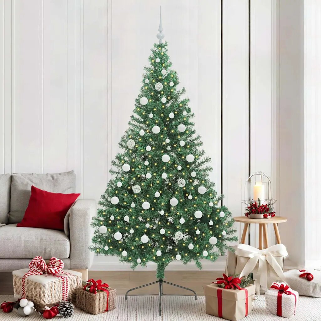 vidaXL Изкуствена коледна елха с подсветка Зелен 210 cm ПВЦ
