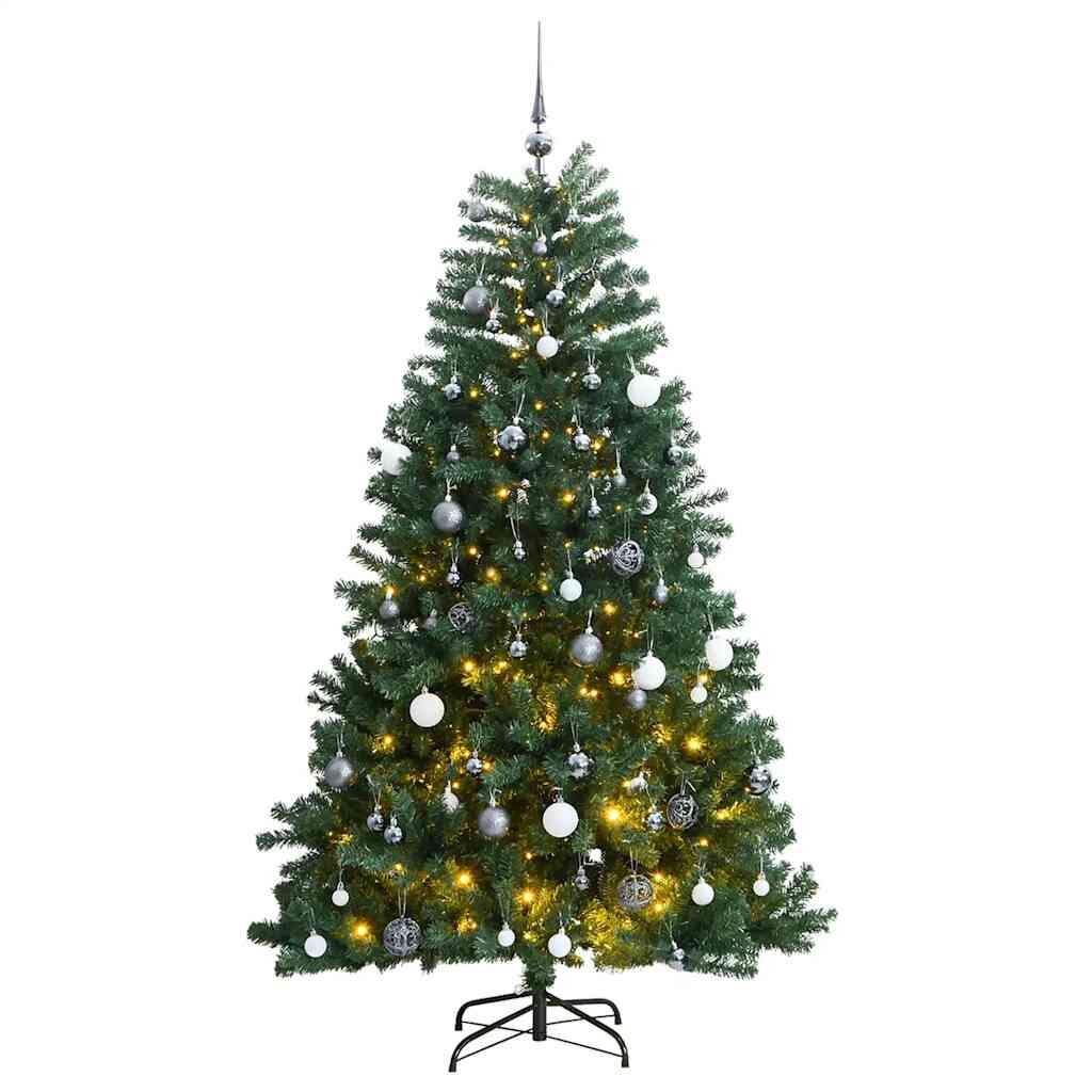 vidaXL Изкуствена коледна елха с шарнири 300 LED и топки 210 см
