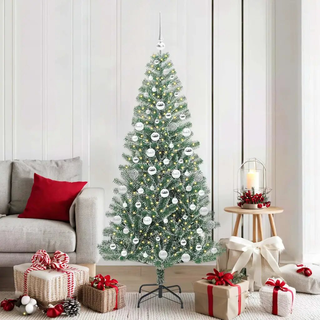 vidaXL Изкуствена коледна елха със сняг и LED светлина 180 cm