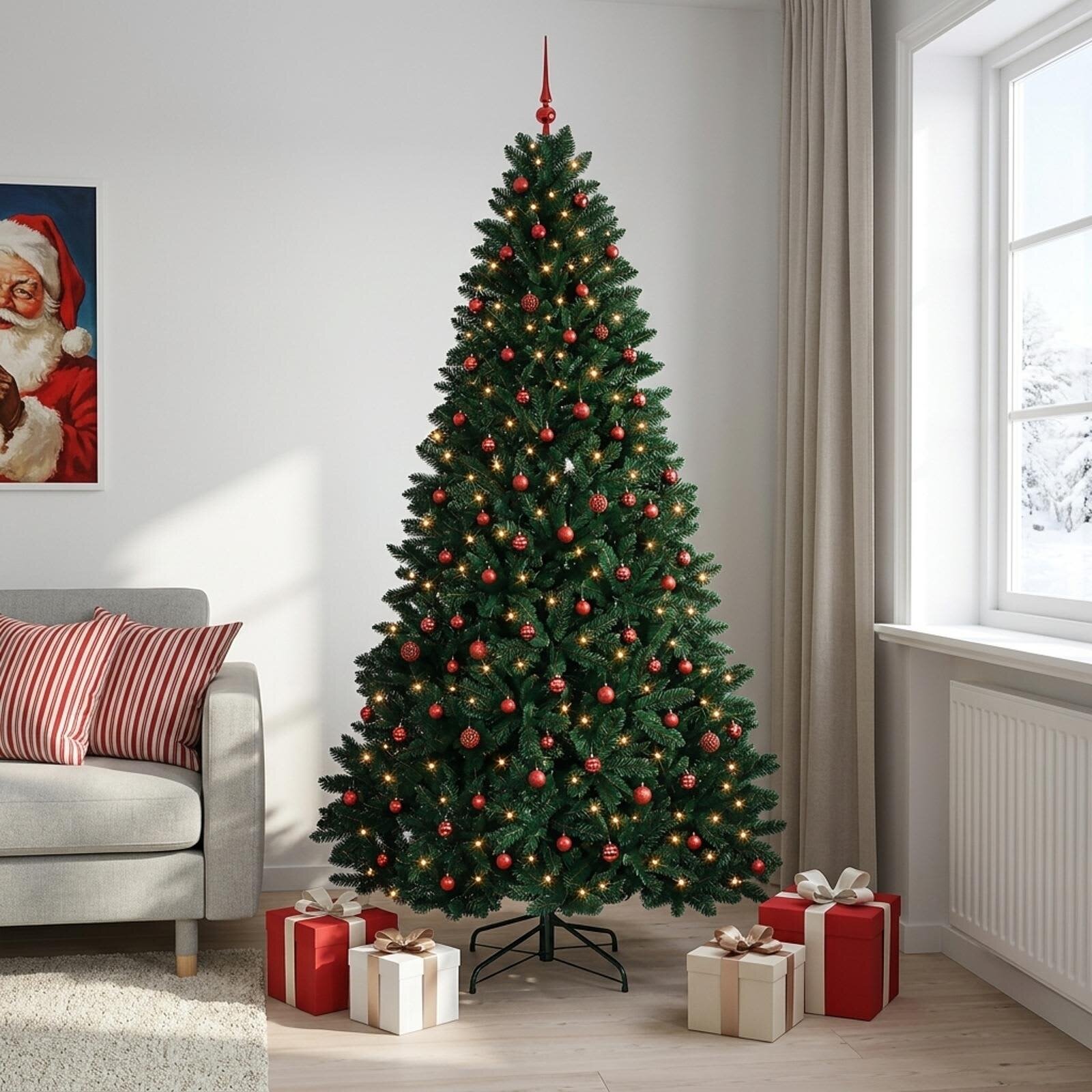 vidaXL Изкуствена коледна елха тъмнозелена с топки 300 см