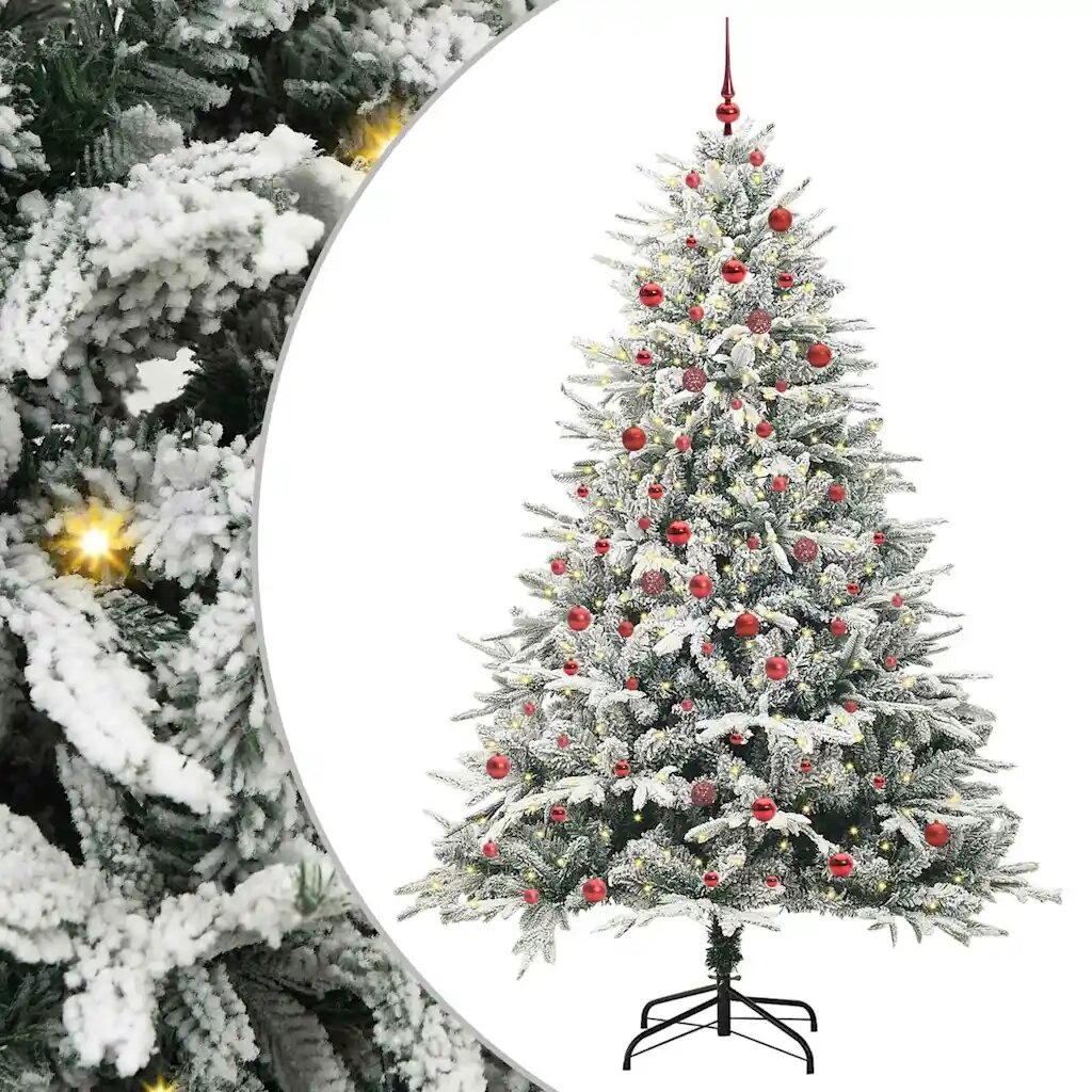 vidaXL Изкуствена светена коледна елха с комплект топки Зелено 210 cm