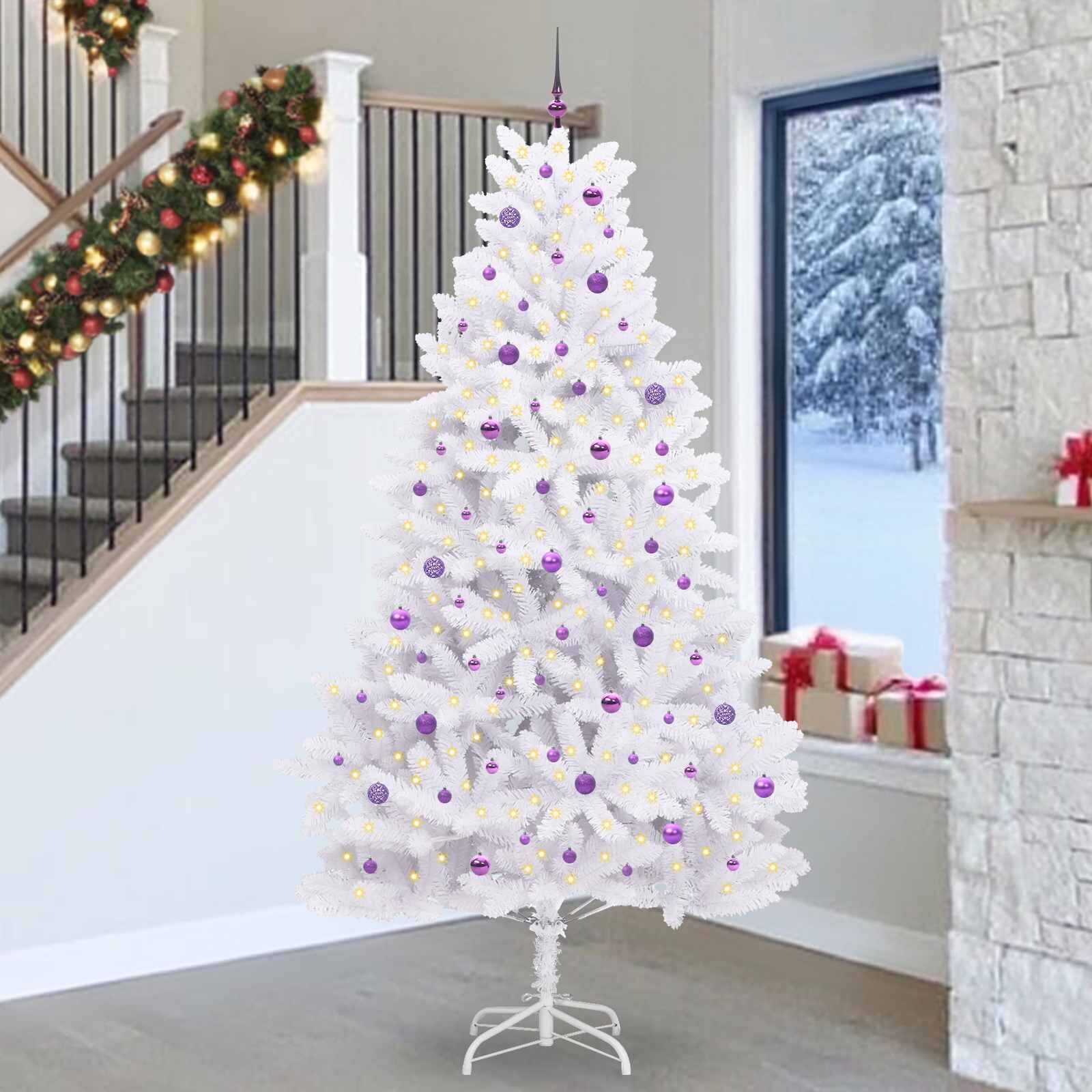 vidaXL Изкуствено коледно дърво с хингед Бяло 270 cm PVC и стомана