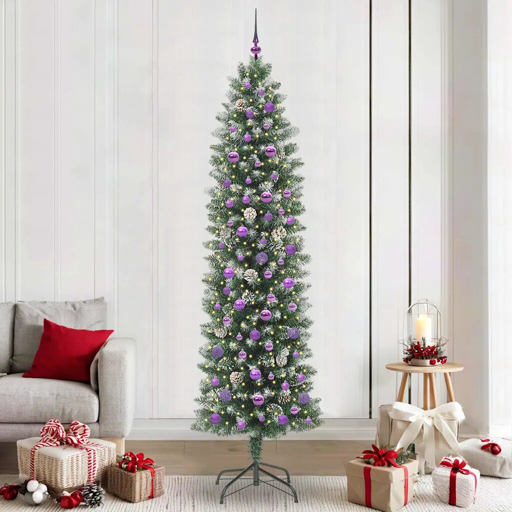 vidaXL Изкуствено Тънко Коледно Дърво Зелен и бял 240 cm