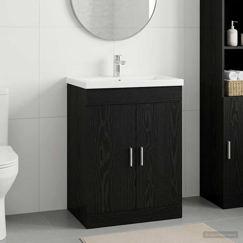 vidaXL Кабинет под мивка за баня Черен дъб 56 x 375 x 81 см