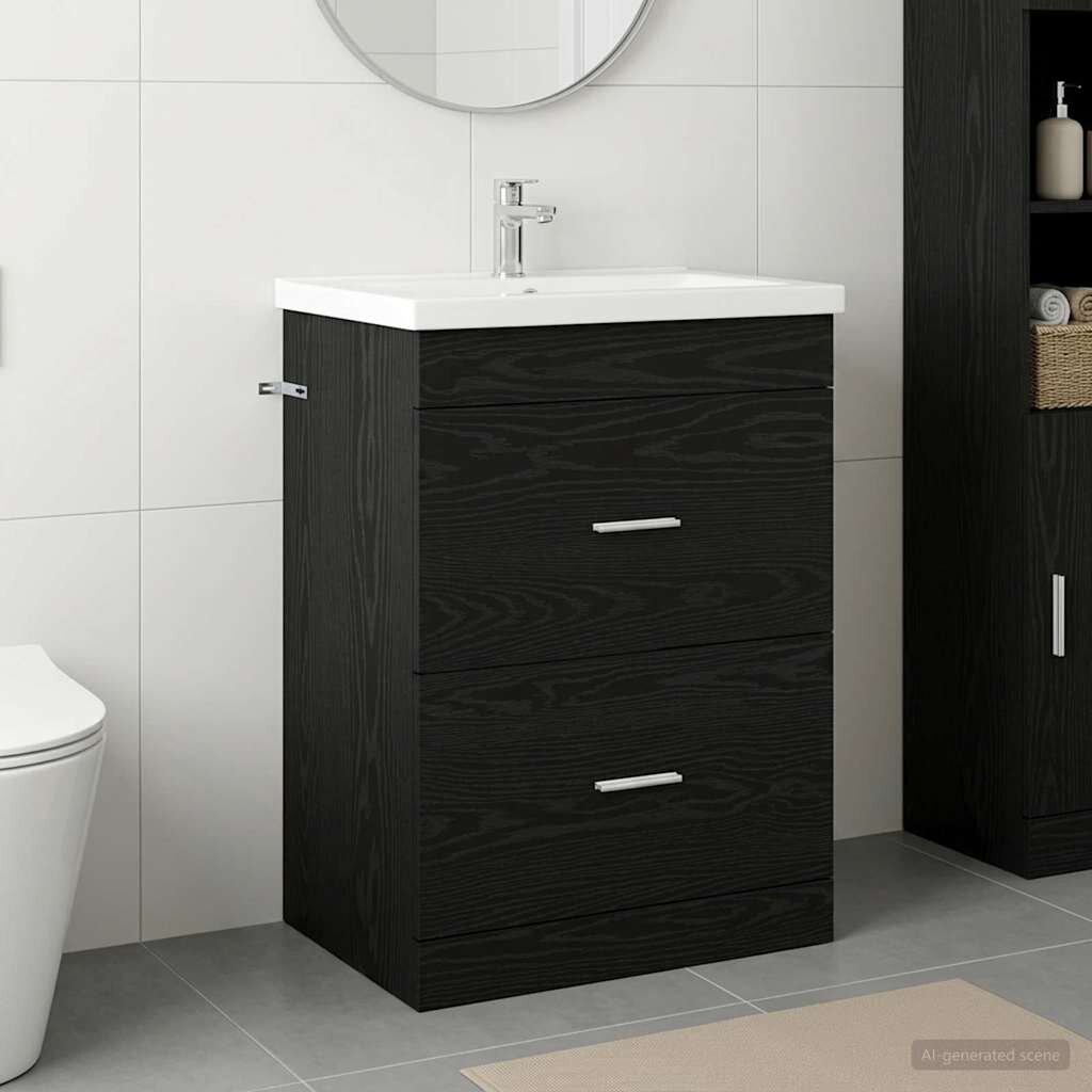 vidaXL Кабинет под мивка за баня Черен дъб 56 x 375 x 81 см