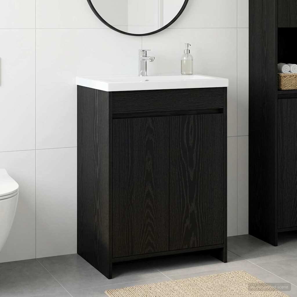 vidaXL Кабинет под мивка за баня Черен дъб 56 x 375 x 81 см