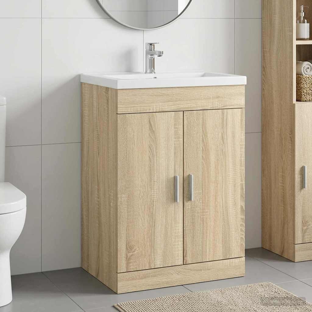 vidaXL Кабинет под мивка за баня Дъб сонома 56 x 375 x 81 см