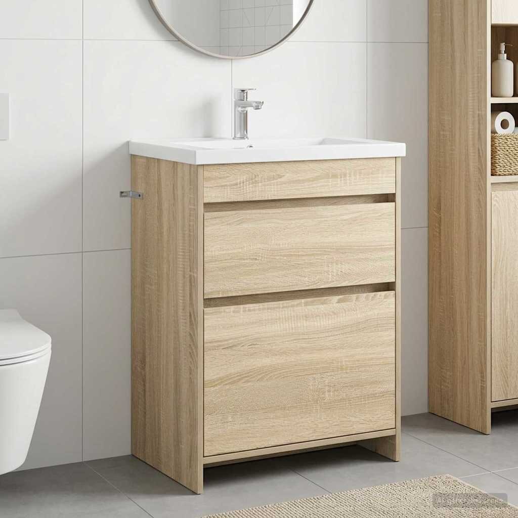 vidaXL Кабинет под мивка за баня Дъб сонома 56 x 375 x 81 см