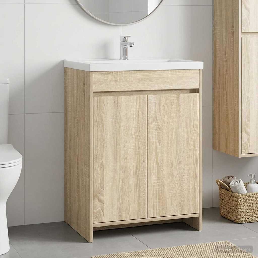 vidaXL Кабинет под мивка за баня Дъб сонома 56 x 375 x 81 см