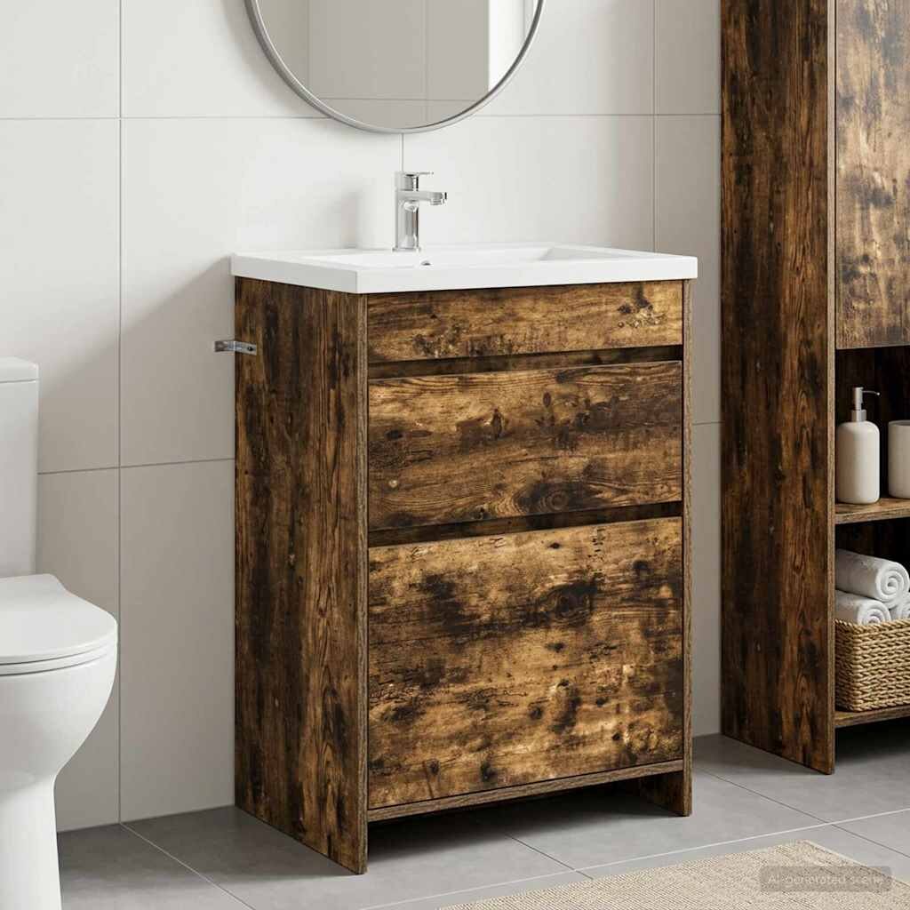 vidaXL Кабинет под мивка за баня Опушен дъб 56 x 375 x 81 см