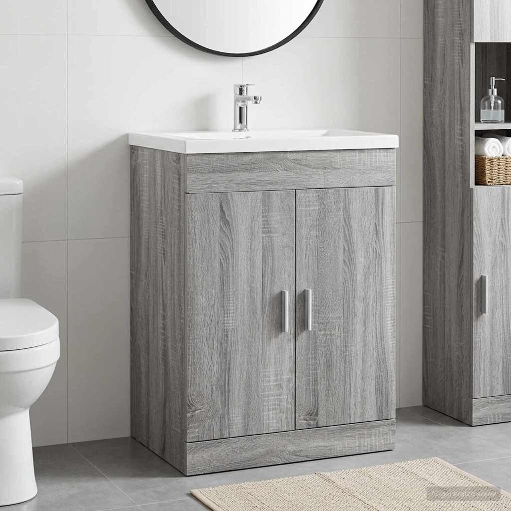 vidaXL Кабинет под мивка за баня Сив Сонома 56 x 375 x 81 см