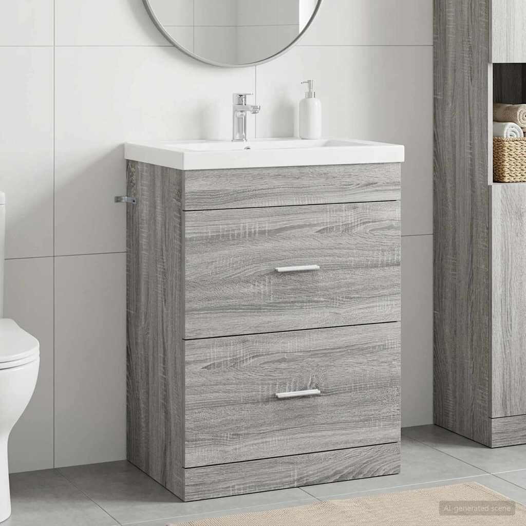 vidaXL Кабинет под мивка за баня Сив Сонома 56 x 375 x 81 см