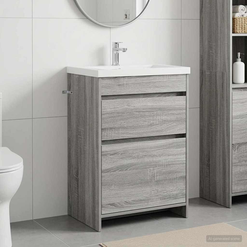 vidaXL Кабинет под мивка за баня Сив Сонома 56 x 375 x 81 см