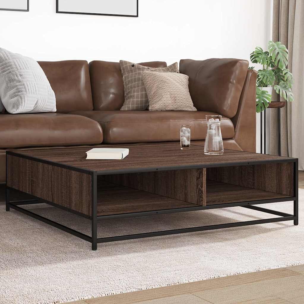 vidaXL Кафе маса кафяв дъб 100x100x30 см инженерно дърво и метал