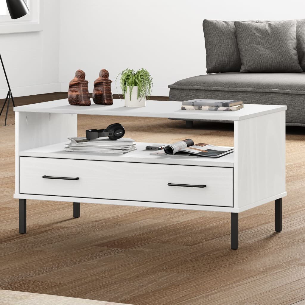 vidaXL Кафе маса с метални крака бяла 85x50x45 см масивно дърво OSLO